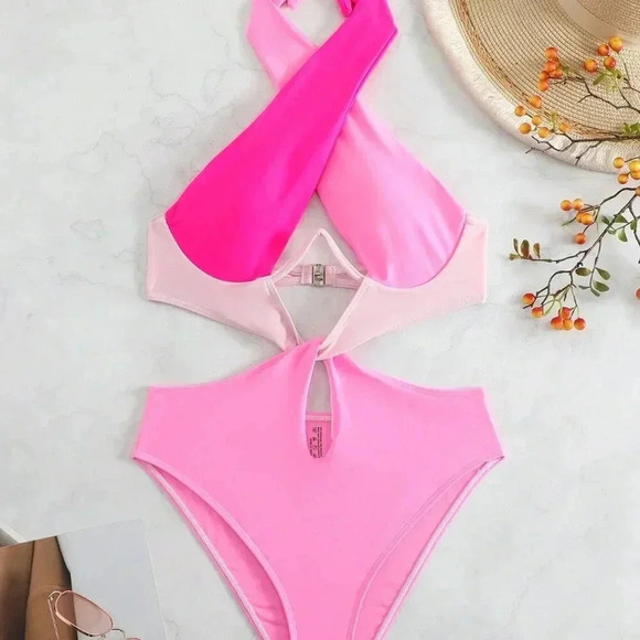 Pink Sexy Women's Beach Colorblock Cut-Out Halter One Piece Swimsuit - Picture 7 of 7